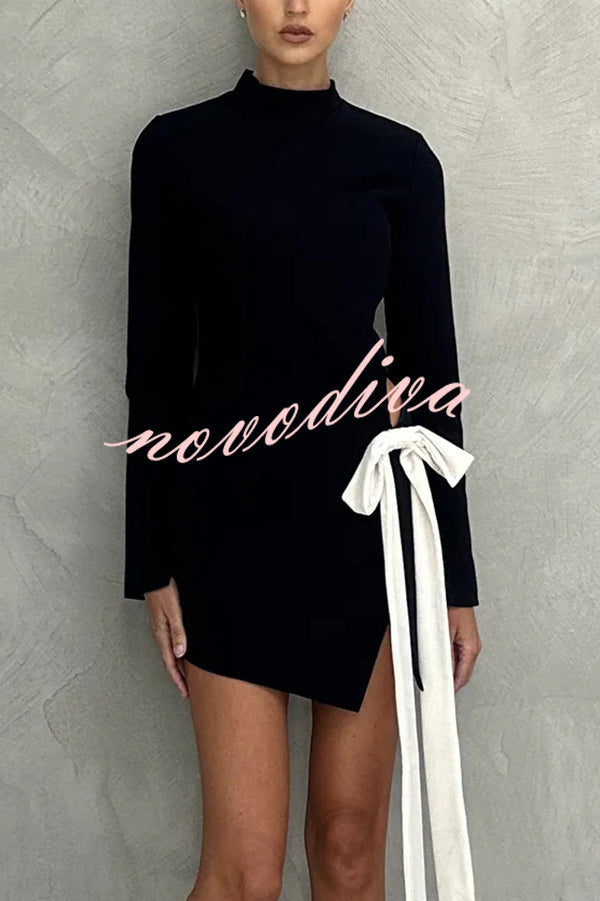 Fashionable Long-sleeved Hollowed-out Bow Slim-fit Mini Dress