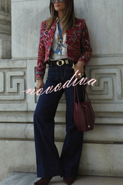 Vintage Bohemian Printed Chinese Style Buttons Long Sleeve Crop Jacket