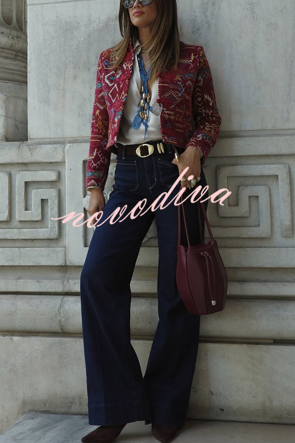 Vintage Bohemian Printed Chinese Style Buttons Long Sleeve Crop Jacket