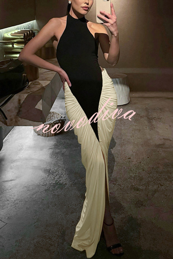 Fashionable Contrast Color Open Back Side Pleated Draped Maxi Dress