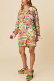 Oceans of Love Unique Print Patchwork Pocketed Loose Flow Shirt