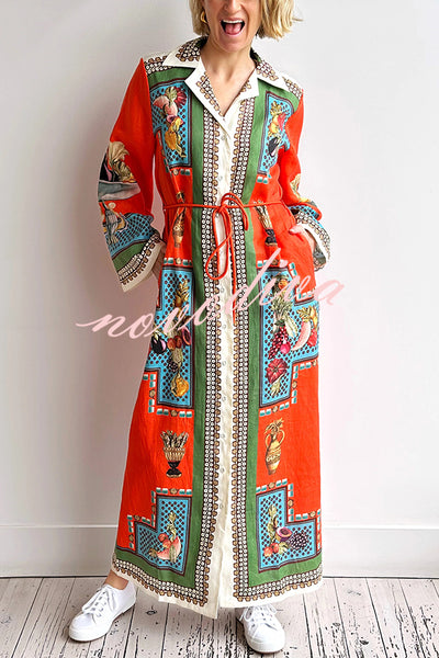 Linen Blend Unique Print Tie-waist Casual Maxi Dress