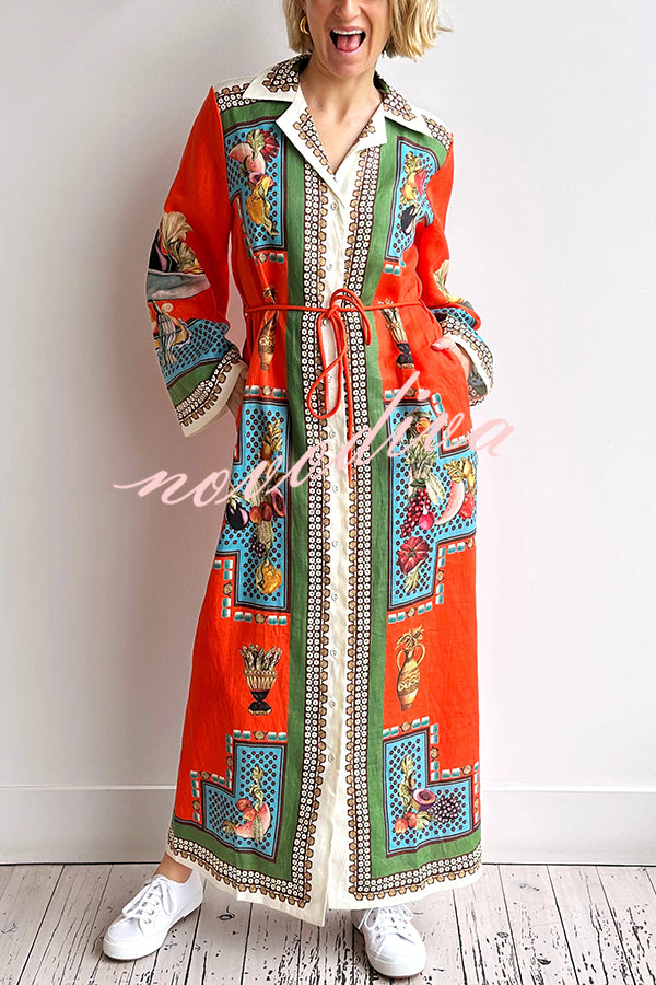 Linen Blend Unique Print Tie-waist Casual Maxi Dress