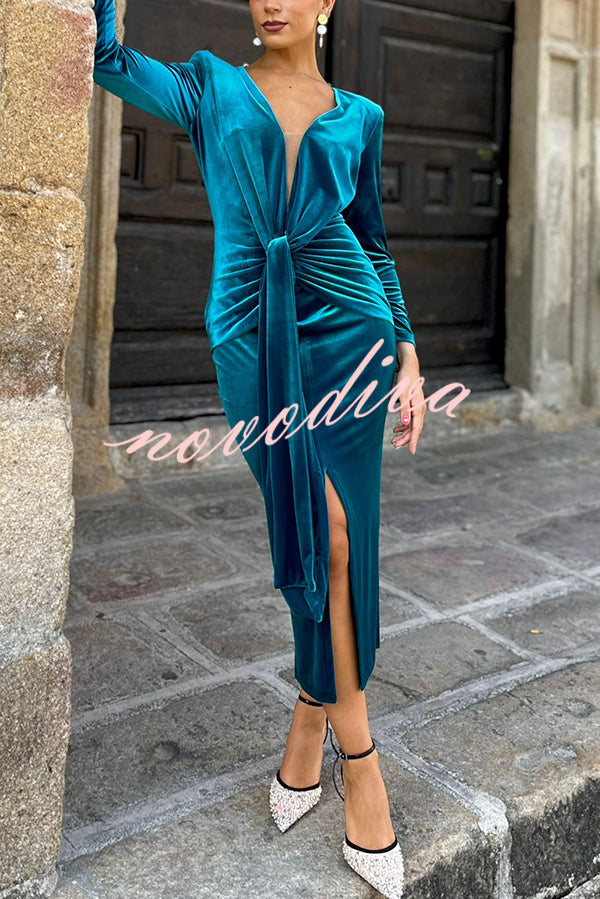 Elisabeth Luxurious Velvet Padded Shoulders Long Sleeve Twist Waist Drape Midi Dress