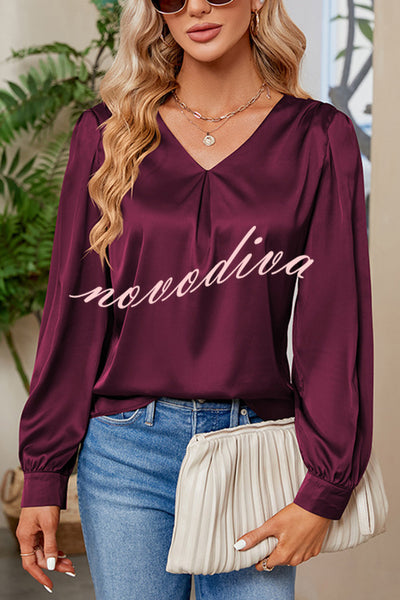 Satin Pleated V-neck Long-sleeved Loose Shirt