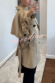 Modern Urban Dropped Shoulder Strap Button Detail Belted Lapel Loose Trench Coat