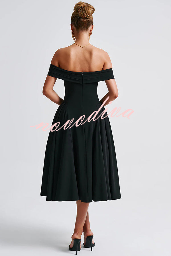 Princess Temperament Batdot Neck Pleat Detail Midi Dress