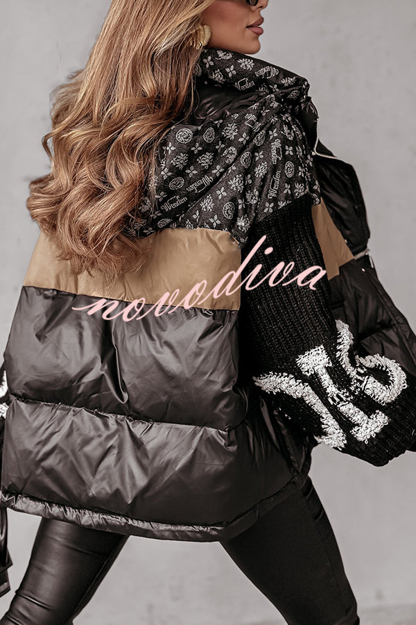 Stylish Denim Knit Long-sleeved Patchwork Hooded Pocket Thickened Jacket