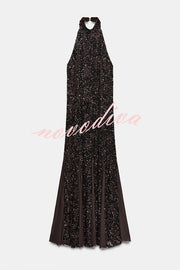 Twilight Gleam Sequin Textured Tulle Hem Halter Backless Maxi Dress
