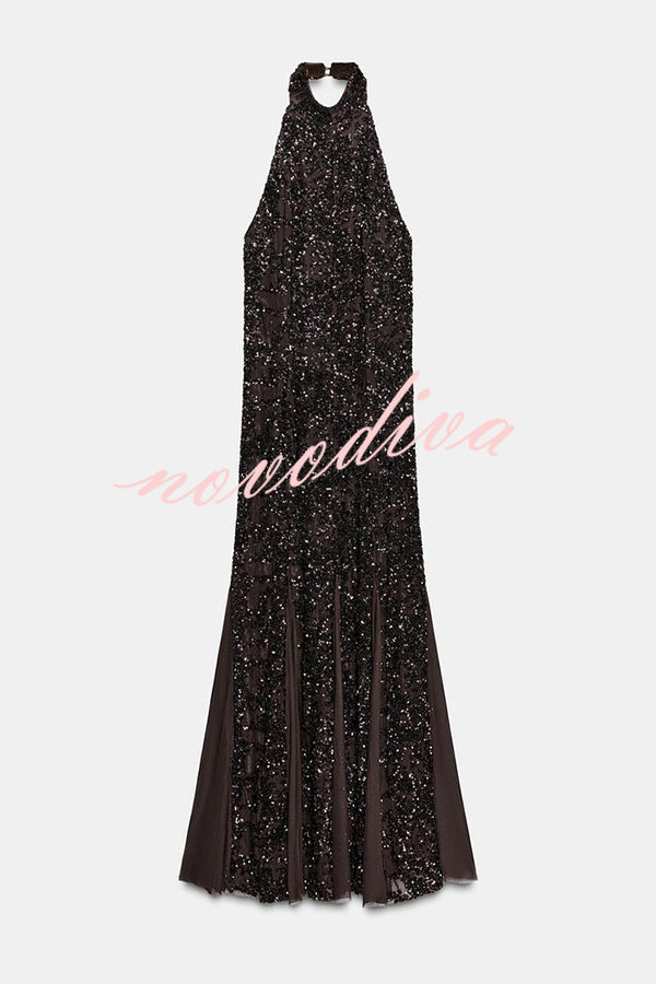 Twilight Gleam Sequin Textured Tulle Hem Halter Backless Maxi Dress