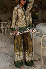 Naya Satin Contrast Color Paisley Long Sleeve Shirt and Elastic Waist Pocketed Pants Set