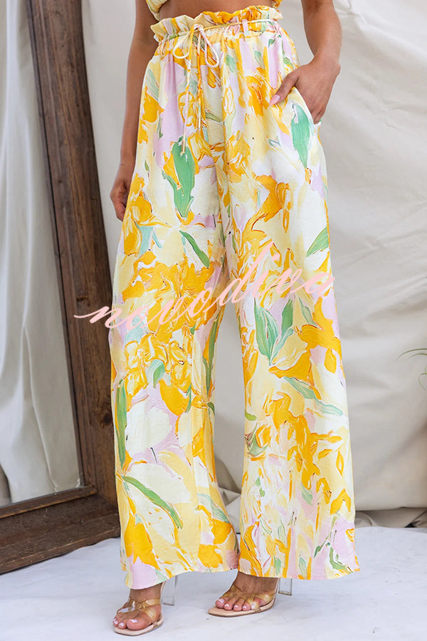 Soleila Floral Print One Shoulder Tie-up Crop Top and Elastic Waist Pocket Loose Pants Set