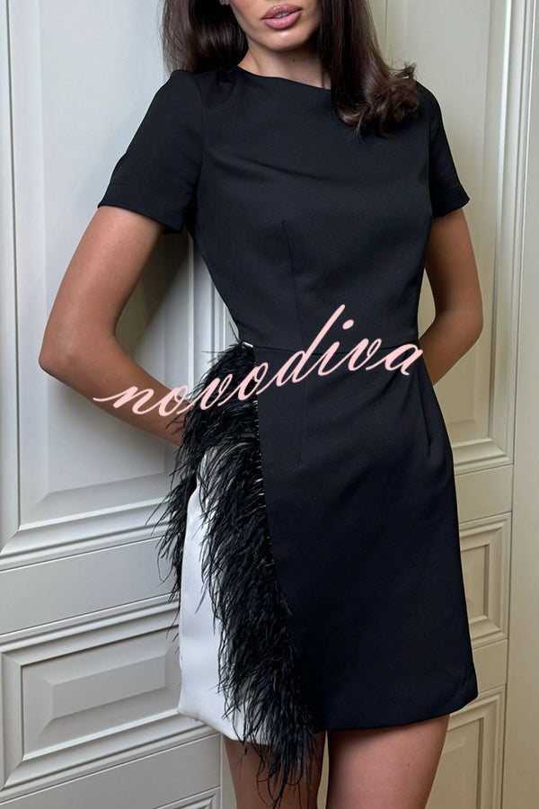 Marcelle Feather Trim Short Sleeve Color-block Him Mini Dress