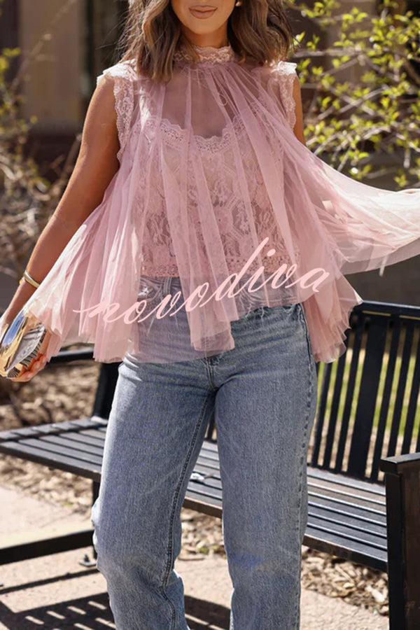 Light and Cute Tulle Lace Inner Wear High Neck Cape Top