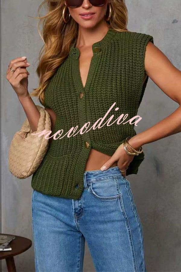 Solid Color Sleeveless Button Pocket Knit Vest