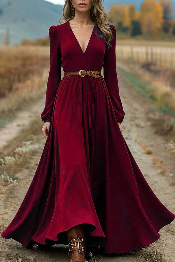 Solid Color V-neck Long Sleeve High Waist Full Hem Maxi Dress
