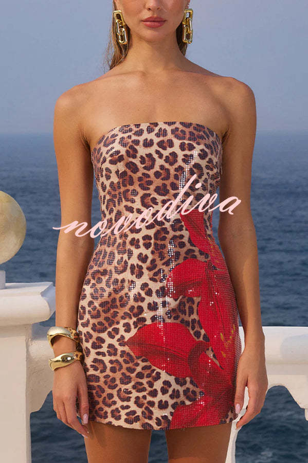 Beach Club Sequin Unique Print Strapless Stretch Mini Dress