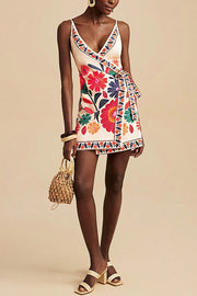 Floral Print V-Neck Suspender Lace-Up Resort Mini Dress