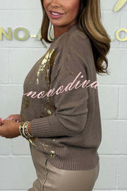 Fashionable Gold Stamping Printed Round Neck Long Sleeve Loose Sweater