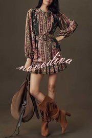 Brazilian Style Unique Floral Print Puff Sleeve Belted Pleated Hem Mini Dress