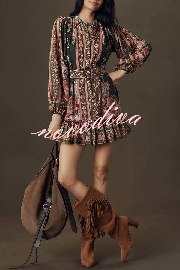 Brazilian Style Unique Floral Print Puff Sleeve Belted Pleated Hem Mini Dress