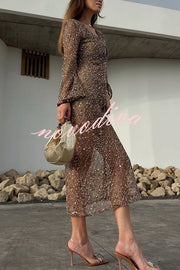 Fashion Sequined Hollow V-neck Long-sleeved Holiday Midi Dress