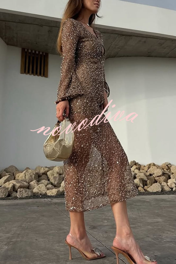 Fashion Sequined Hollow V-neck Long-sleeved Holiday Midi Dress