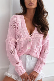 Fashion Hollow Long Sleeve V-neck Button Loose Knitted Cardigan