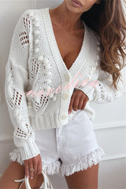 Fashion Hollow Long Sleeve V-neck Button Loose Knitted Cardigan