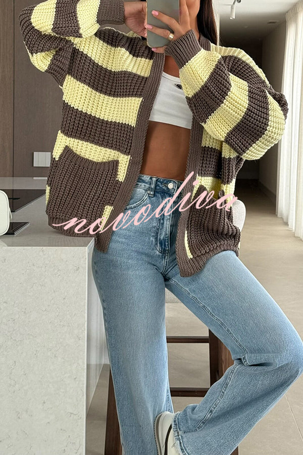 Fashionable Patchwork Striped Casual Pocket Knitted Sweater