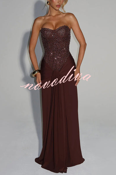 Carina Sequined and Satin Jersey Off Shoulder Ruched Knot Drape Maxi Dress
