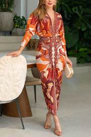 Brazilian Style Unique Print Dolman Long Sleeve Ruched Slit Midi Dress