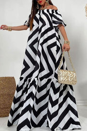 Exquisite Striped Patchwork Bell Sleeve Pocket Maxi Dress