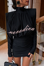 Stylish High-Neck Long-Sleeved Slim-Fit Pleated Mini Dress