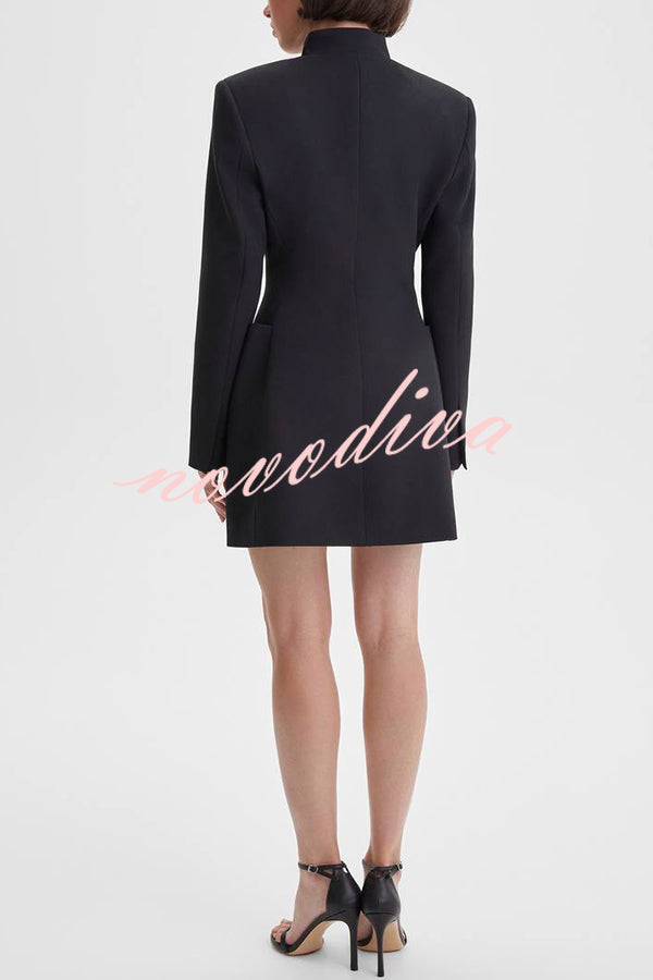 Kayleen Stand V-neck Decorative Metal Button Long Sleeve Pocket Blazer Mini Dress