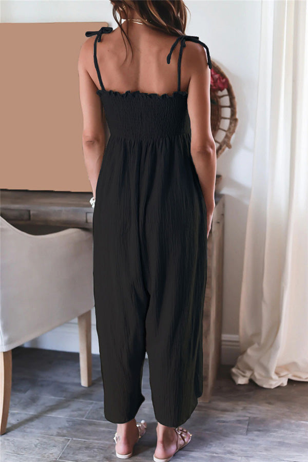 Elegant Solid Color High Waist Linen Blend Suspender Pleated Jumpsuit