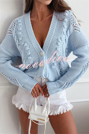 Fashion Hollow Long Sleeve V-neck Button Loose Knitted Cardigan