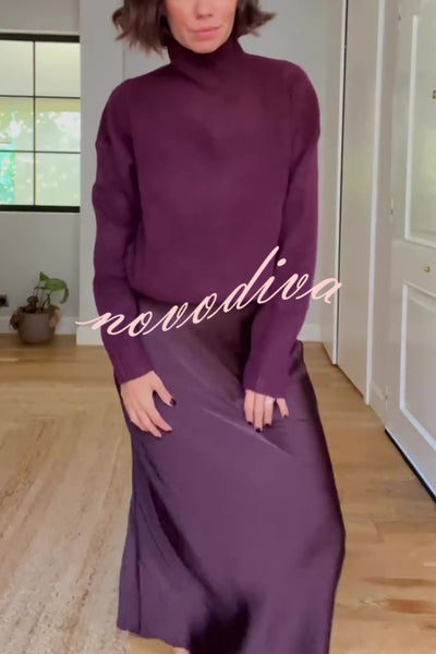 Jaelyn Solid Color Turtleneck Long Sleeve Sweater and Satin Elastic Waist Maxi Skirt Set