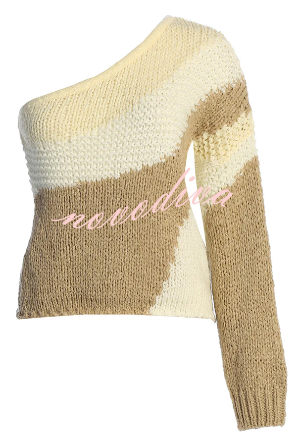 Soft Autumn Knit Colorblock One Shoulder Sleeve Ribbed Trim Loose Sweater