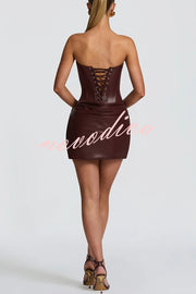Palmer Faux Leather Pleated Off Shoulder Neck Slit Stretch Mini Dress