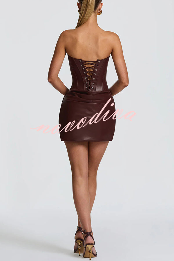 Palmer Faux Leather Pleated Off Shoulder Neck Slit Stretch Mini Dress