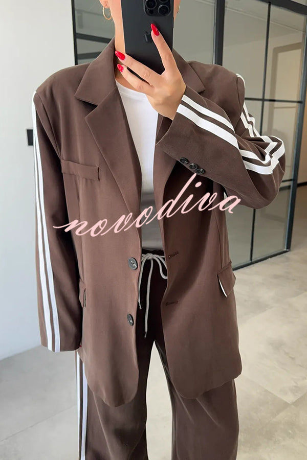 Levvie Striped Trim Long Sleeve Lapel Blazer and Rope Belt Pocketed Wide Leg Pants Set