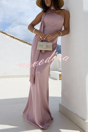 Cheers Babe Satin Solid Color Elegant One Shoulder Tie Maxi Dress