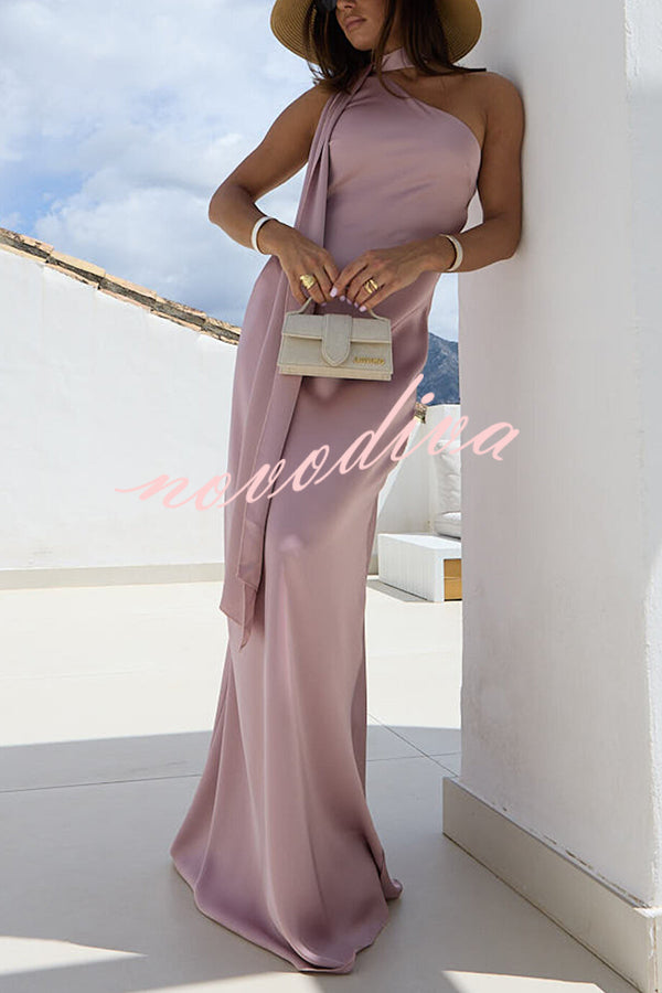 Cheers Babe Satin Solid Color Elegant One Shoulder Tie Maxi Dress