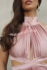 Stunning Choice Satin Pleated Halter High Neck Cutout Waist Backless Maxi Dress