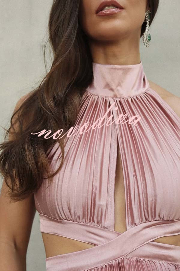 Stunning Choice Satin Pleated Halter High Neck Cutout Waist Backless Maxi Dress