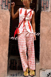 Good Luck Linen Blend Koi Pattern Metal Buttons Waisted Vest