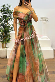 Jinnie Tulle Floral Feather Pendant Pleated Off Shoulder Slit Maxi Dress