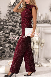 Stylish Sparkly Velvet Sequin Sleeveless Pleated Top and Casual Wide-leg Pants Set