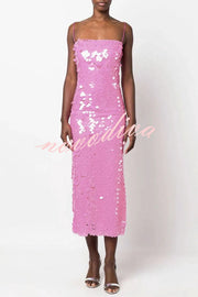 Sexy Sequined Halter-neck Backless Slim Fit Slit Midi Dress